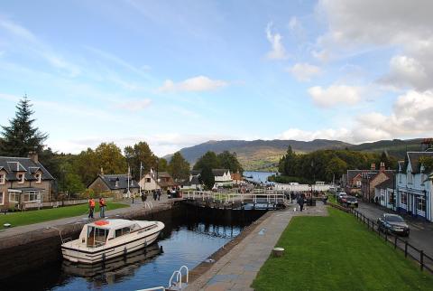 View of Fort Augustus with the Caledonian Canal running through and Loch Ness in the background