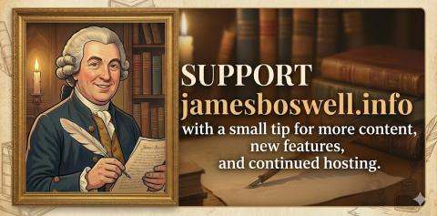 Stylized portrait of a smiling person resembling Boswell with a callout to support jamesboswell.info by tipping
